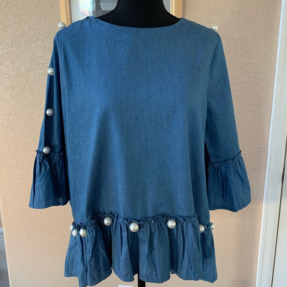 NWT Why Dress Blue Chambray hi lo top